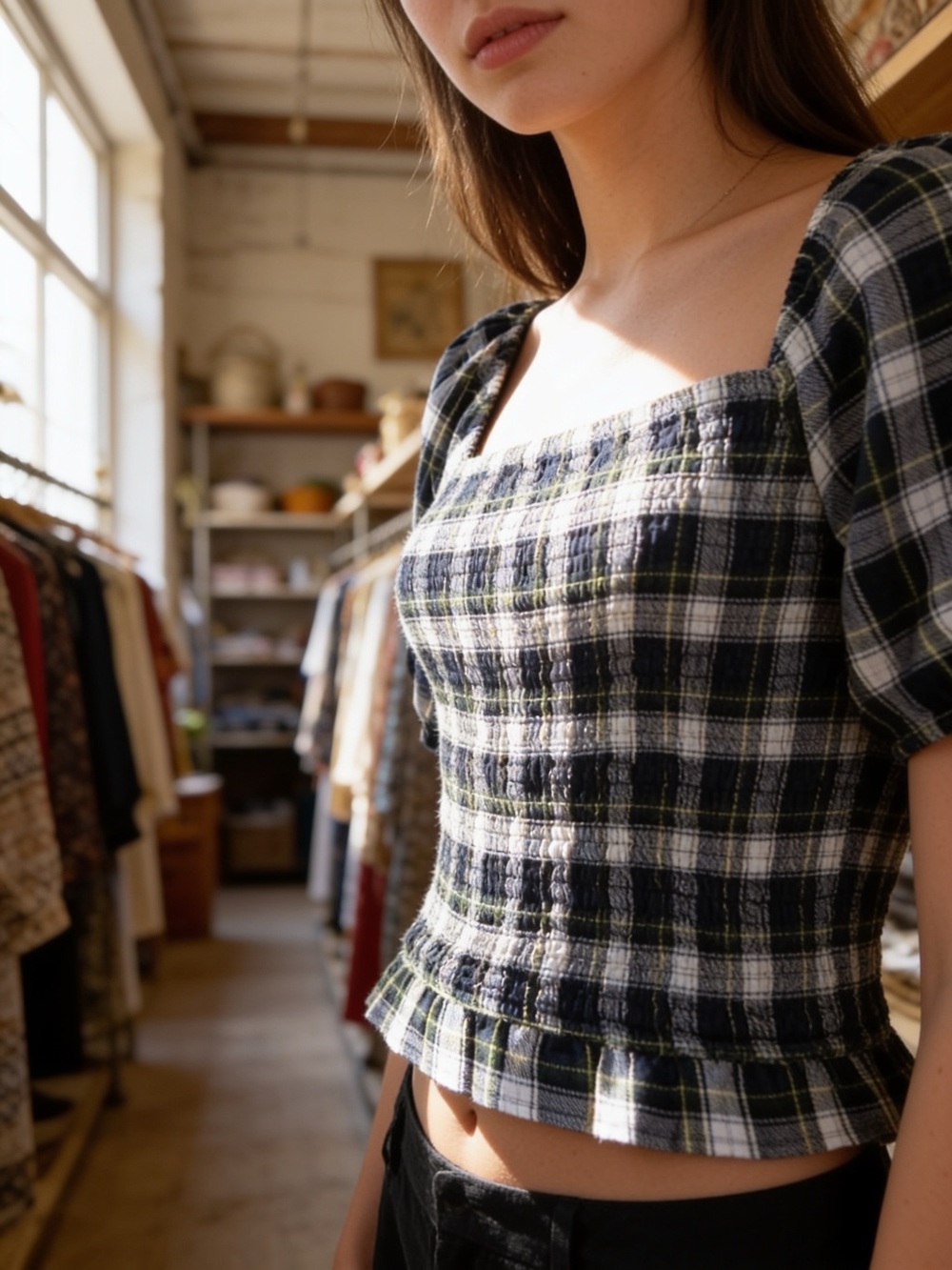American Eagle Plaid Square-Neck Peplum Top - Navy/White/Green NWT
